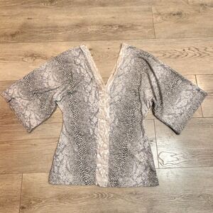LANGUAGE Snake Print Kimono Style Top V Neck Laser Cut Velour Womens Medium M